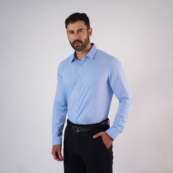 Camisa Slim Fit Fil a Fil Celeste