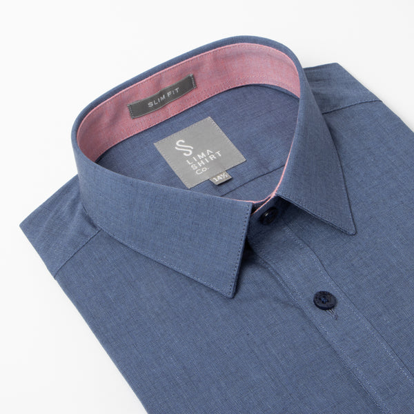 Camisa Slim Fit Fil a Fil Azul Marino