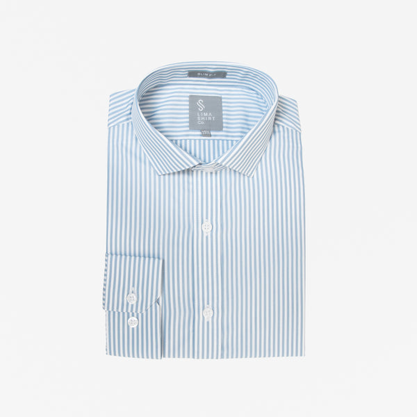 Camisa Slim Fit Manga Larga Luxury Rayas Celeste Claro