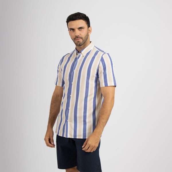 Camisa Modern Fit Striped Azul Crema