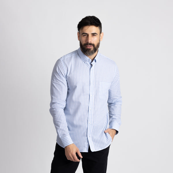 Camisa Manga Larga Cuadros Modern Fit Celeste