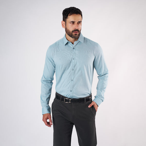 Camisa Slim Fit Fil a Fil Azul Teal