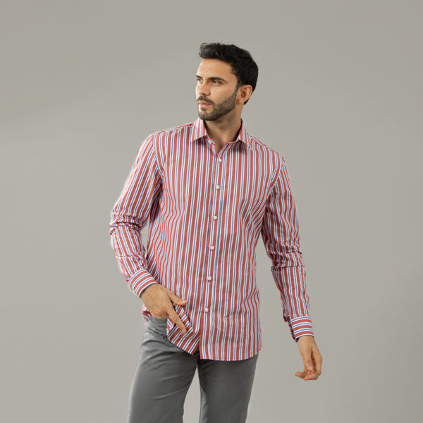 Camisa Rayas Manga Larga Modern Fit Sorrento Rojo